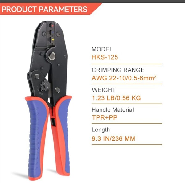 Krimppaustyökalut kutistesuojaliittimille - Räikkäpuristin - AWG 22-10 (0,5-6,0 mm²) - Räikkäpuristin