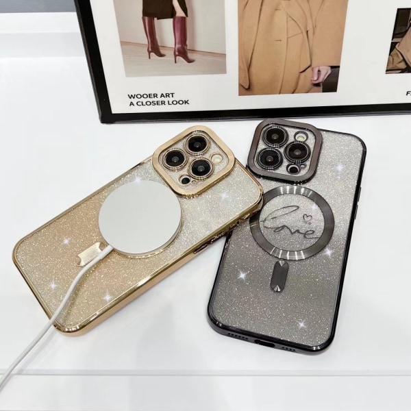 Designet til iPhone 15 Pro Max etui, kompatibel med MagSafe Love Plated kamerabeskyttelse gennemsigtigt etui, magnetisk glitter, damepiger stødsikker Bac