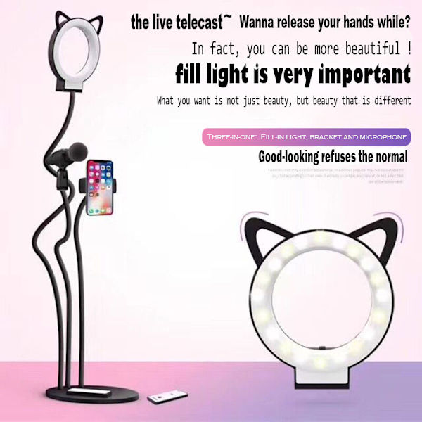 Selfie Ring Light med mobilholder og mikrofonholder til livestreaming, 3 lysfarver og 9 niveauer af lysstyrkejustering på stativ