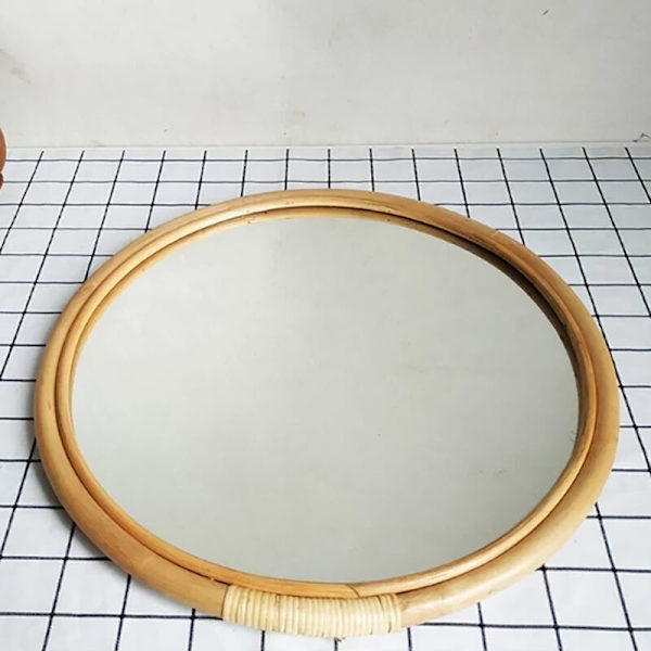 16 Tommer Rundt Rattan Smykkespeil Veggmontert for Entré Toalett
