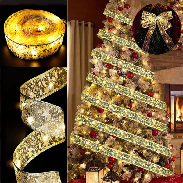 Christmas Tree Ribbon Fairy Lights, 5m 50 LED Shiny Ribbon String Lights, Vanntett batteridrevet juletrelys (sølv 5m)
