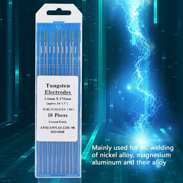 10 Pak Wp Ren Tungsten Elektroder Grøn Spids 1.0/1.6/2.0/2.4/3.2mm 250-400A Til Tig Ac Svejse (1.6mm X 175mm)