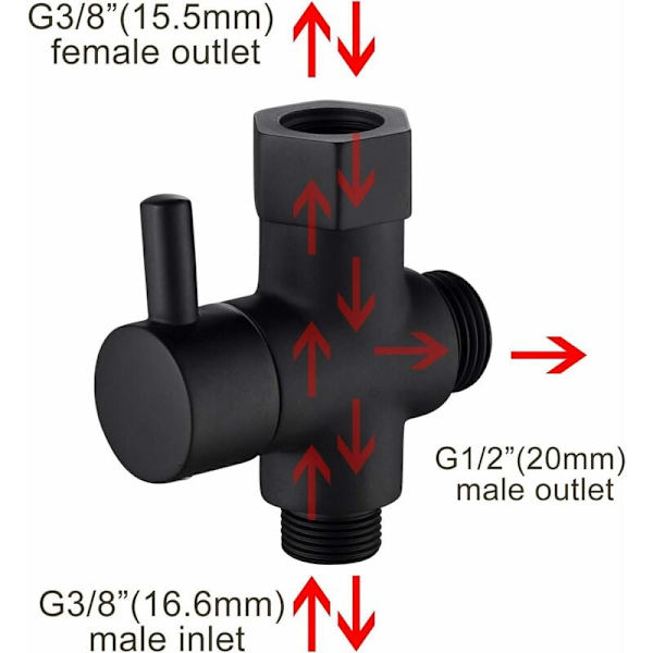 3-vejs afledningsventil i messing med lukkeventil 3/8\"-1/2\" adapter til toiletvandsledning, sort
