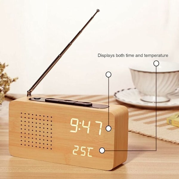 Retro Sängbord Träväckarklocka Radio Träklocka Radio Hög Definition Stor Skärm Digital Display Klockradio