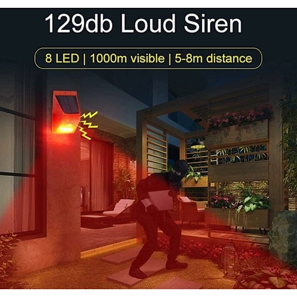 ChunHee Solcellslarmlampa med Fjärrkontroll Rörelsesensor Utomhus Alarm Ljusstark 129db Ljud Belysning Säkerhetssiren IP65 Vattentät Skydd