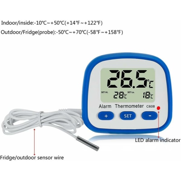 Digitalt køleskabsfrysertermometer med magnet og stativ - Letlæseligt termometer med LED-indikator