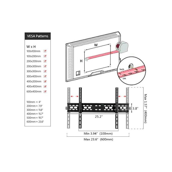 TV vægbeslag til fladskærms-/buet LCD LED Plasma TV Top og Bund -5 20° Fra 32 til 70 tommer, Vægbøjle med maks Vesa 600x400 mm Belastning 45 kg Boble L