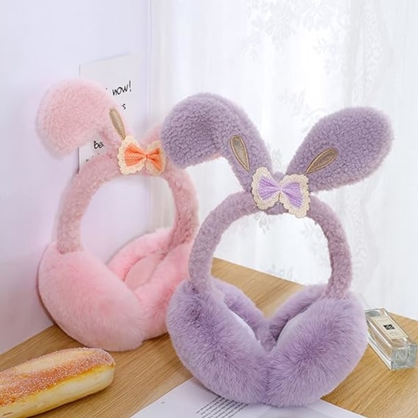 Kaninöron lila öronvarma öronkåpor i plysch för tjejer att hålla värmen på vintern