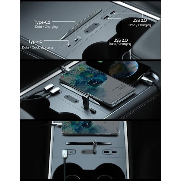 Multiport Biloplader til Tesla Model 3/Y (2021-2023), Centerkonsol USB Hub Dockningsstation 100% Kompatibel med Tesla Model 3/Y, Tesla Tilbehør
