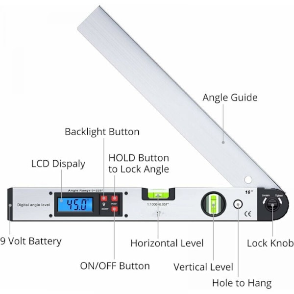 400mm/16 tommers 0 225° digitalt goniometer digitalt horisontalt vinkelmåler LCD-bakgrunnsbelysning horisontal vinkelmåler