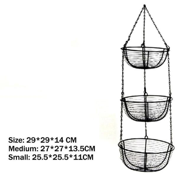 3-etasjes hengende kurvfruktarrangør Heavy Duty Metallkjøkkenarrangør med metalltak kroker - Svart metallkurv