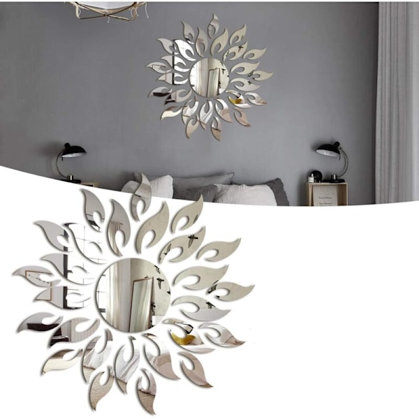 DIY Solsikke Dekorativ Speil Veggklistremerke, 3D Akryl Solblomst Speil Stue Soverom Art Deco Veggklistremerke (Sølv)