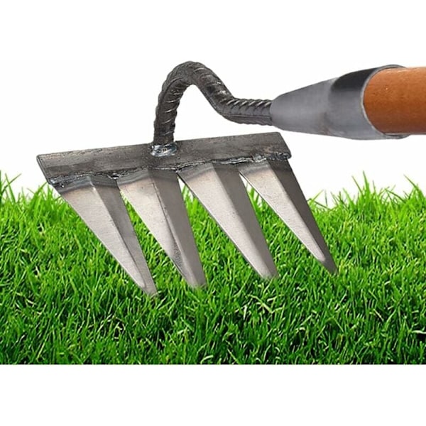 Hage Rake, Lukerake, Hage-Scarifier Rake, Metalltunge Rake med Tunge, 4-Tannet Spikerake, Stålrake, Landbruksverktøy, Metall Hage Rake