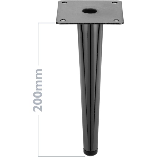 Sats med 4 raka möbelfötter med konisk form och halkfria skydd, 20 cm, metallisk svart färg.