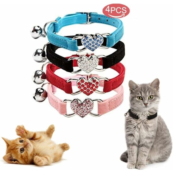 Cat Collar, Soft Velvet Adjustable Cat Collar with Bell, Cute Pet Supply, Suitable for Most Cats and Small Dogs- Pink+Blue+Black+Red-