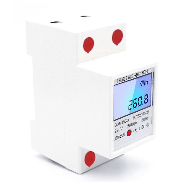 EDF Meter Enfasig DIN-skena Energimätare 5-80A 220V 50Hz Elektronisk KWh-mätare med LCD-bakgrundsbelyst Digital Display DDM15SD-Vit-