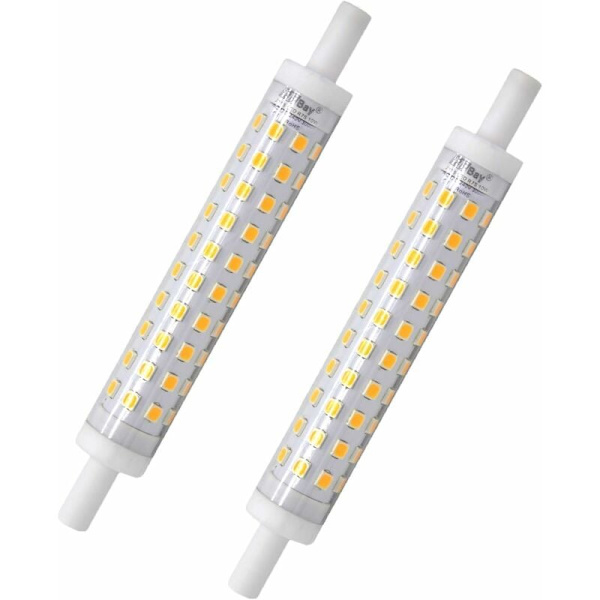 R7s LED-pære, 2-pakning, 118mm, varm hvit, 3000K, J118-pære, 10W, erstatter 80W halogenpære, ingen flimmer, 230V AC, 800lm, 360° [Energiklasse A++]