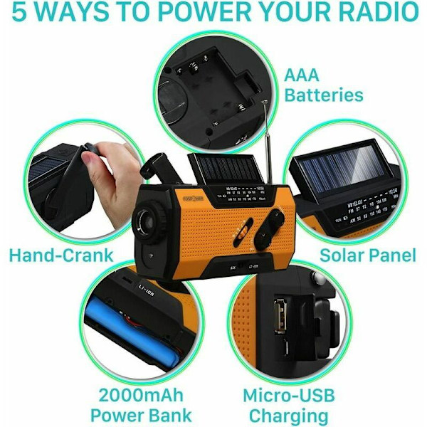 Bærbar Nødradio med 2000mAh Batteri, Oppladbart Batteri via Solcellepanel, Sveiv, Batterier eller USB AM/FM, LED-lommelykt, SOS-lader