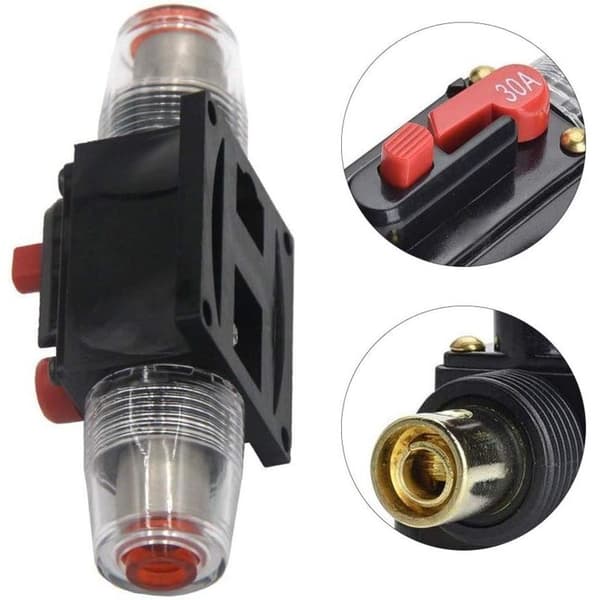 30A afbryder, 12V-24V DC inline sikringsholder, manuel nulstilling afbryder bilstereo sikring, inline sikringsblok lydsystembeskyttelse (30A)--