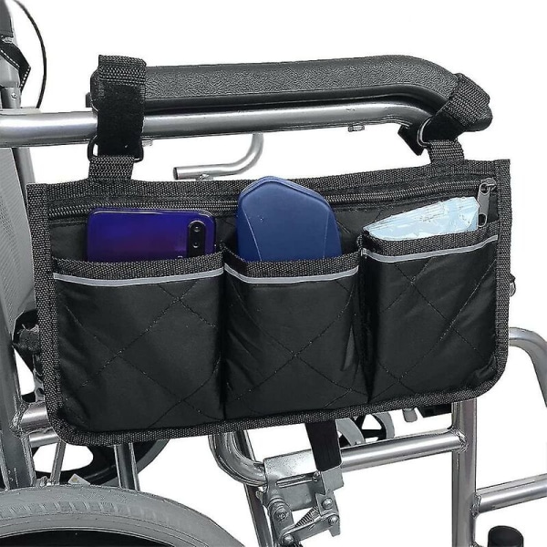 Pyörätuolin käsinojapussi - Oxford pyörätuolin laukku vedenpitävä kannettava skootterilaukku 4 lokeroa heijastava musta