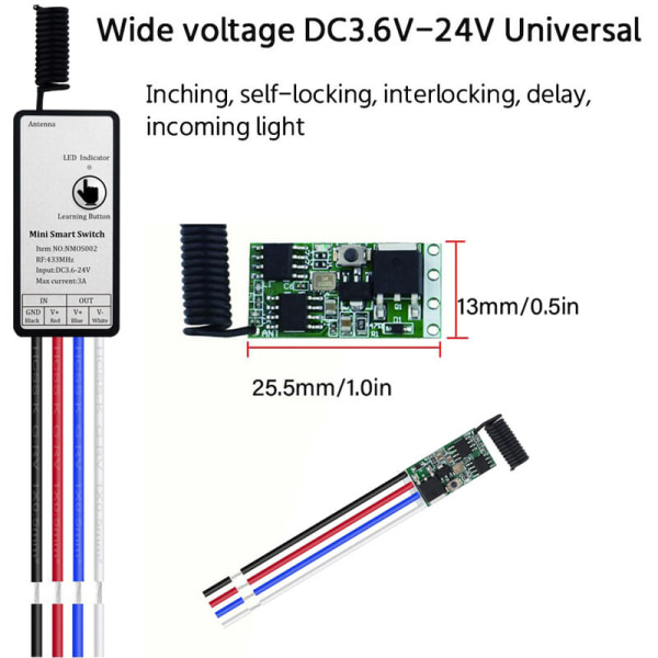 RF Fjernkontroll 433Mhz Relémottaker DC 3.6V 6V 12V 1CH Modul for LED Lampe Lys DIY