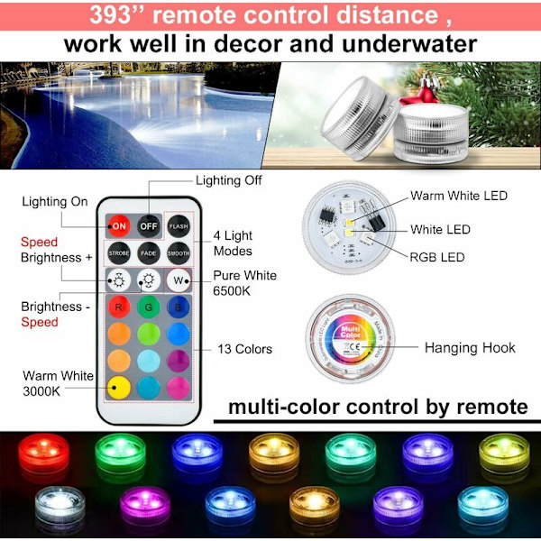 10 stk. Mini LED-undervandslys, Mini LED-akvarielampe, Undervandslampe Vandtæt RGB Multicolor LED-stearinlysbelysning med 2 fjernbetjeninger til
