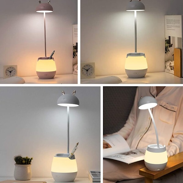 2 i 1 Justerbar Skrivebordslampe med Penneholder og Telefonholder, Varmt Nattelys, Moderne Bordlampe til Læsning (Hvid Bjørn)