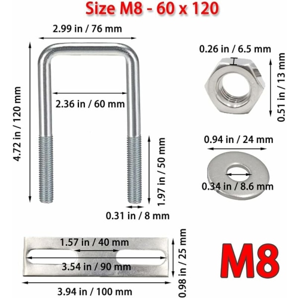 U-pultit, neliömäiset U-pultit, 60x120mm ruostumattomasta teräksestä valmistetut U-pultit, M8 U-pultti mutterilla, runkoputkella ja aluslevyllä, M8 U-pultti levyjen ja putkien kiinnittämiseen (60 x