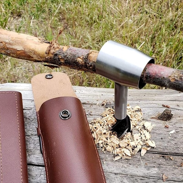 Bushcraft Handborr för Träbearbetning - Multifunktionell Vridborr med Läderfodral, Handöverlevnadsverktyg, Skiftnyckel