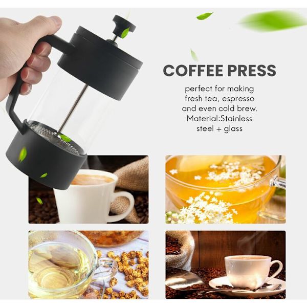 Fransk Press Kaffemaskine og Te-brygger, Rustfri og Opvaskemaskine Sikker Fortykket Borosilikatglas Kaffe-presse, Sort