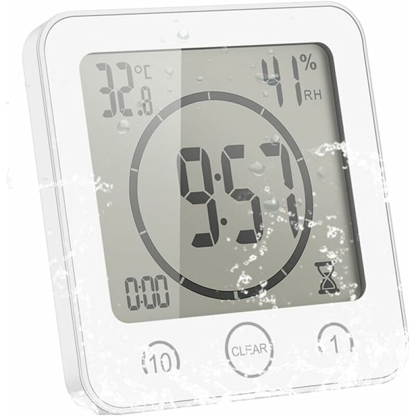 Badeværelsesur, LCD Digital Alarm med Vandafvisende Touch-Brusebadsur, Temperatur Fugtighed, Nedtælling, 3 Monteringsmetoder, Batteridrevet (Hvid)
