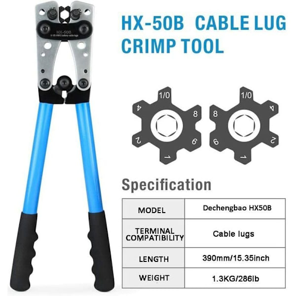 HX-50B Akun Kaapeliliittimien Puristustyökalut Sähköasentajan Pihdit 6-50mm2 (AWG 8-1/0) Kaapeleille Paksuuntuneella ja Vahvistetulla Metallilevyllä