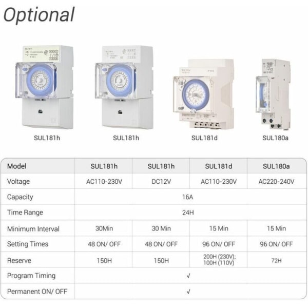 24-timers mekanisk timer 15-minutters minimum timer Skinnemontering Indbygget batteri, SUL180a AC220-240V - SUL180a AC220-240V