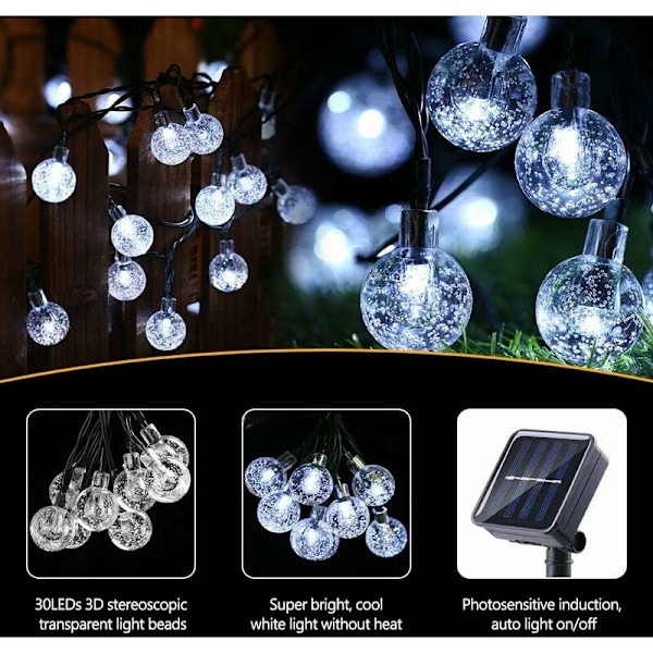 Lyslenker, 6,5M 30 LED Solcelledrevne Feelyssløsninger Utendørs Ball Solcellelys 8 Moduser Vanntette Utendørs Dekorasjon - Kald Hvit