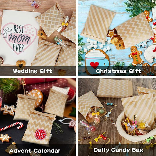Pakke med 100 Kraft Papir Slikposer, Slik Cookie Favor Snacks Buffet Butik Wrappers, 4 Forskellige Stil Ingen Voks Slikposer Festartikler 13 x