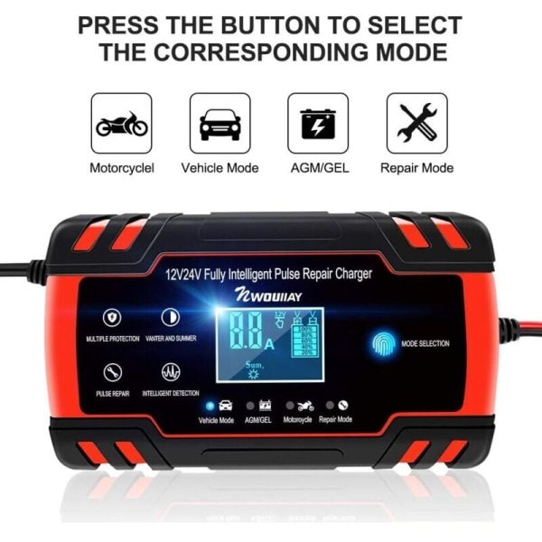 8A Bilbatterioplader 12V/24V Bilbatterioplader Fuldautomatisk Intelligent Vedligeholdelsesoplader med LCD-display Flere Beskyttelser til Bilbatteri
