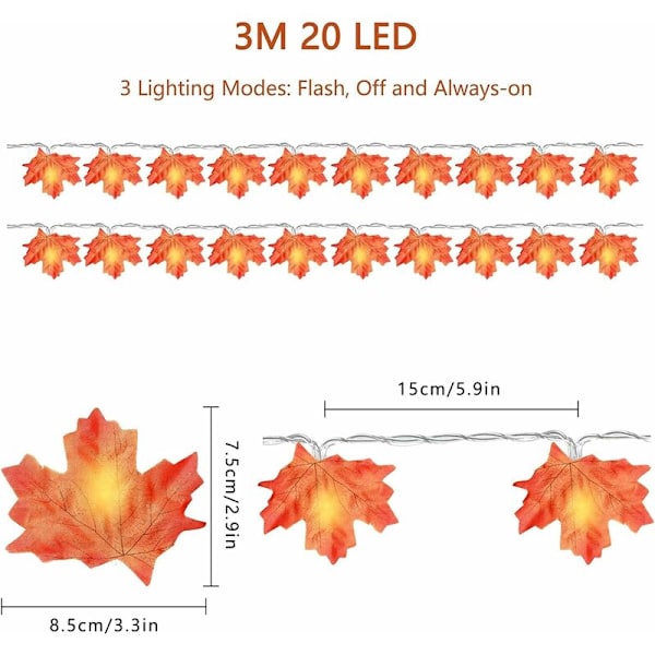 3m 20 LED Lønnestrænglys med Fjernbetjening 3 AA Batterier til Thanksgiving Dekoration
