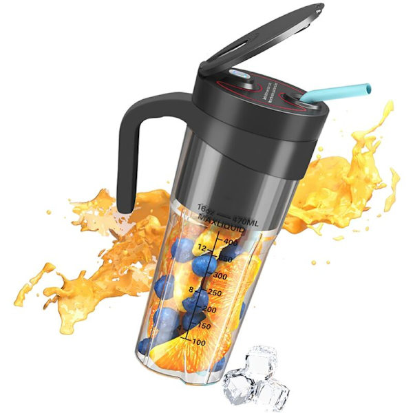 Bærbar Blender - 470ML - 150W - 4000mah USB Genopladelig - Bærbar Mixer - Med Strå - Saftmaskine - Sort
