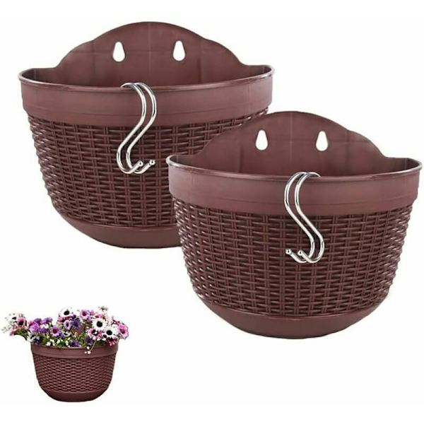 2 stk. plastblomsterpotter til oppheng, metallblomsterpotter til oppheng, gjerdeblomsterpotte, hengende kurvplantere, for dyrking og dekorering av planter, mørk