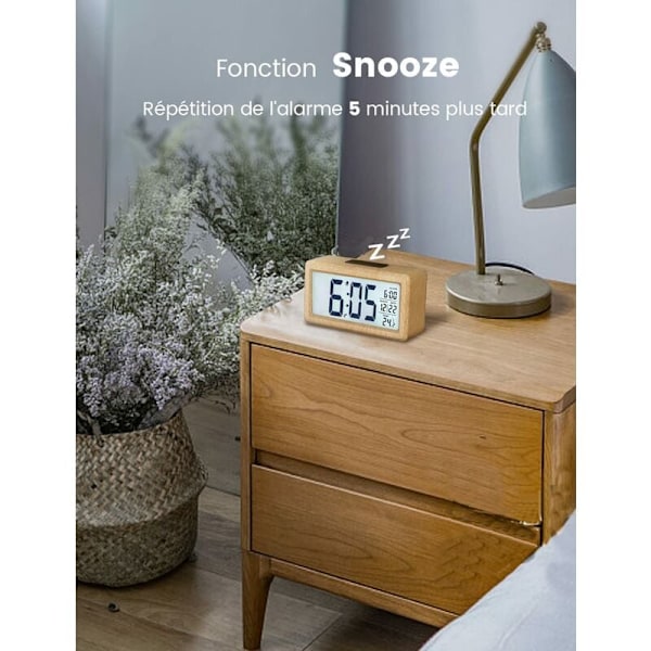 Trä Digital Väckarklocka, LED Väckarklocka Tyst Digital Klocka med Datum, Temperatur, Snooze-funktion, Batteridriven