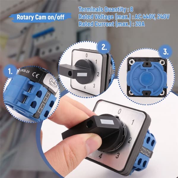 Master Control Rotary Cam Changeover Switch 8 Terminaler 5 Posisjoner 20A Svart + Blå