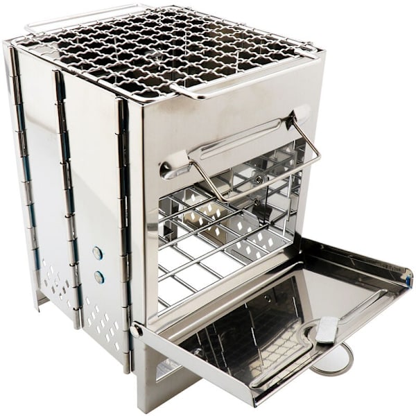 Bärbar Vedspis i Rostfritt Stål med Förvaringsväska, Vikbar Vedspis för Utomhusgrillning, Grillning, Vandring, Resor, Picknick