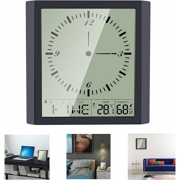 Digitalt vækkeur til soveværelse 22,4 cm LED lydløs ikke-tikkende analog vægur med snooze, fugtighed, temperatur, kraftigt elektrisk sengebordsuhr-