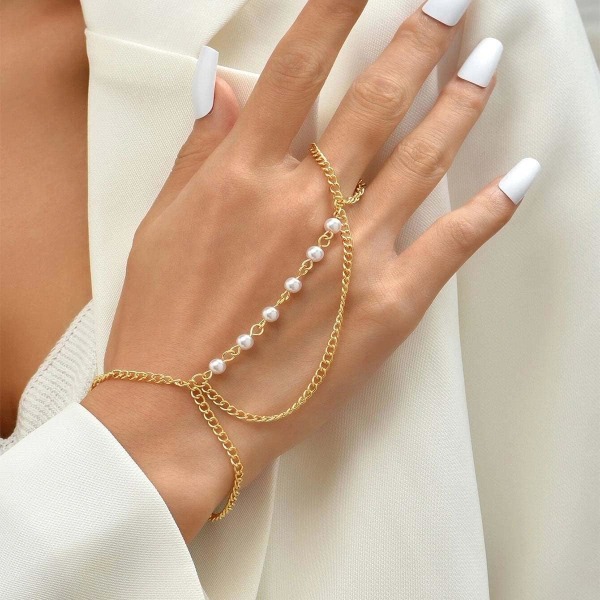 Pearl Chain Link Ring Armbånd Guld Splejsning Håndsele Armring Fingerringe Håndtilbehør til kvinder og piger
