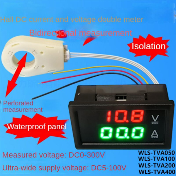 Hall-effekt Amperemeter, DC 0-300V 200A Voltmeter, LED Batterimonitor, Digital Strömspänningsmätare 12V 24V 36V 48V 60V för Bil