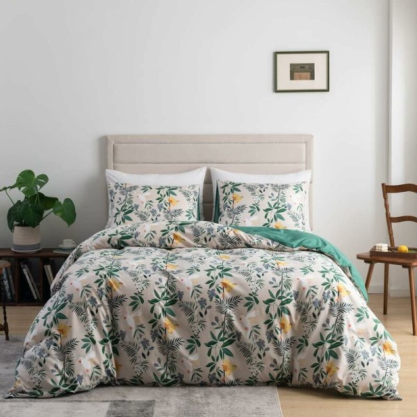 Påslakan 240*260cm Beige Grön Bladmönster Floral Botanisk Sängkläder Set med Dragkedja - Vuxen Dubbelsidigt Sängkläder Set med 2 Örngott 50*75cm