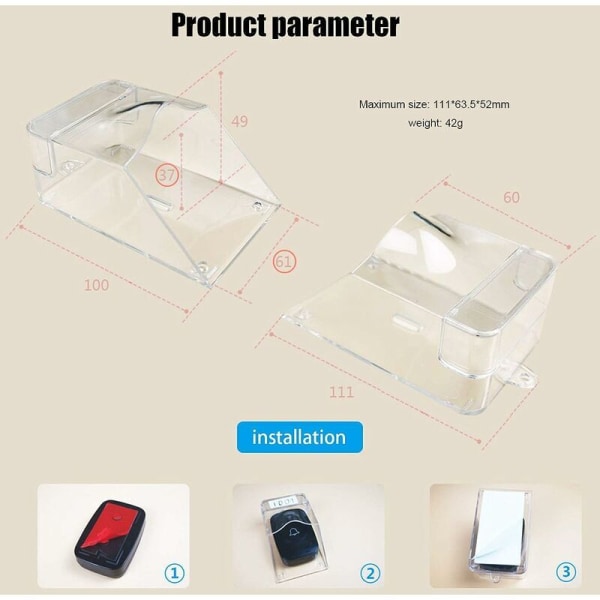 Transparent skyddande hölje för utomhus dörrklocka, vattentät, trådlös, väggmontering - 11 x 6 x 5 cm