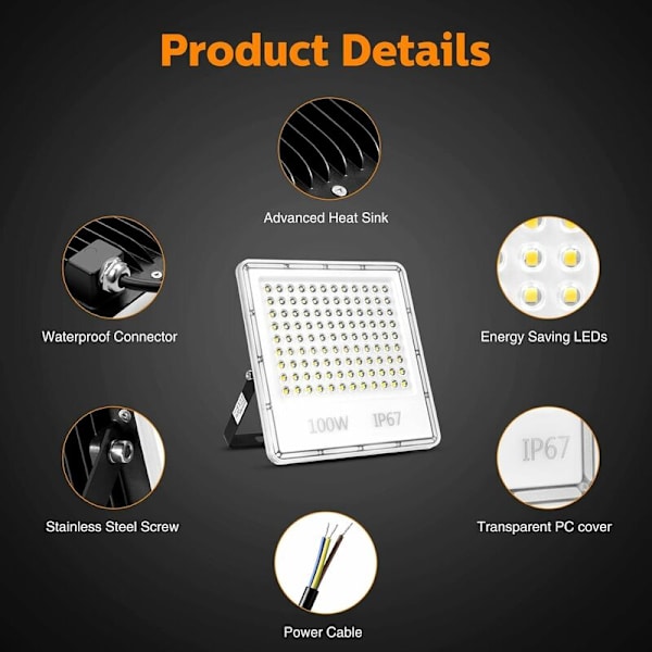 100W Tehokas Ulkovalaistus LED-Valokeila, 6500K 10000 LM Ulko-Turvavalo, IP67 Vedenkestävä Ulkovalaistus, Ulko-LED-Valokeila Terassille