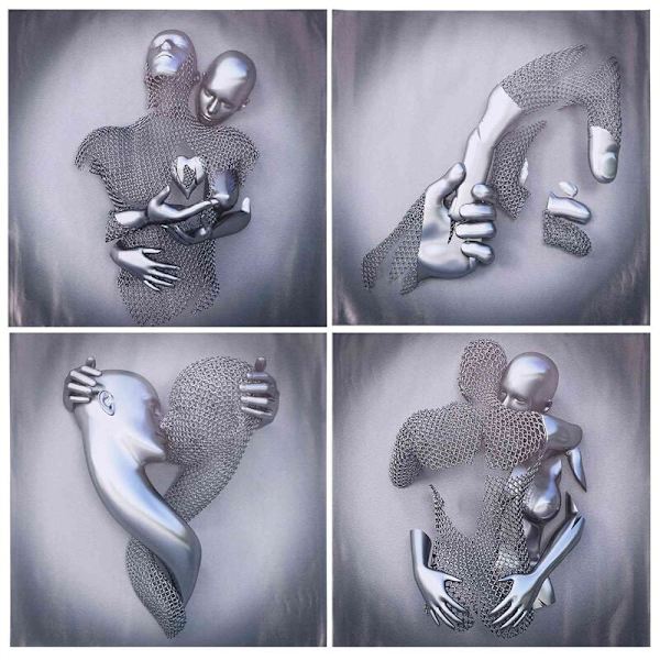 4 st Love Heart 3D-effektkonst, abstrakt metallstatykonst duk målning 19,7 tum modern väggkonstdekor