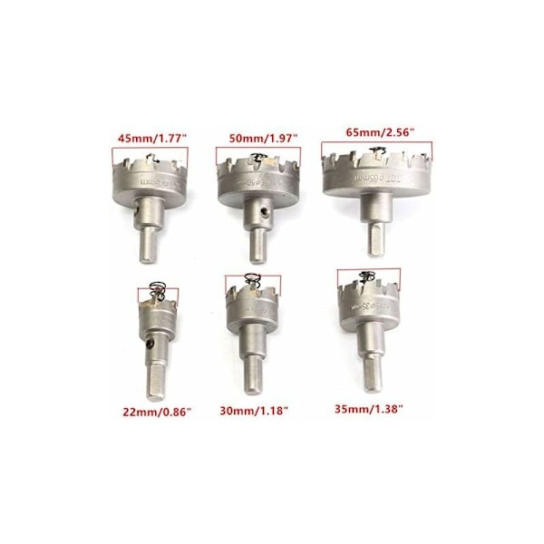 6 stk. HSS TCT kædesavskær, bor, hårdmetal hulåbner, 22-65mm